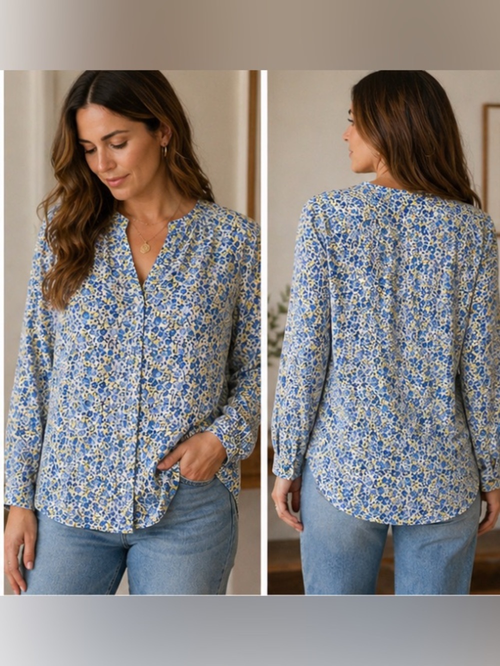 L.L. Bean Wrinkle Free Ditsy Floral Split Neck 100% Cotton Button Down Top XL